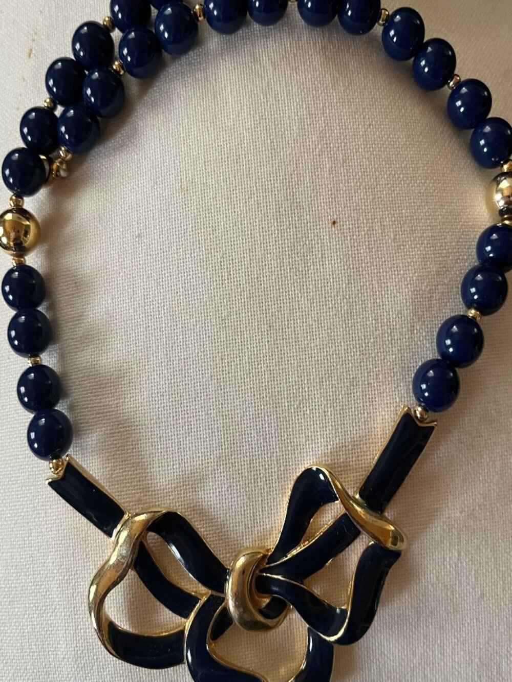 Vintage Trifari (possibly) Navy Blue Enamel Bow Blue Bead Necklace